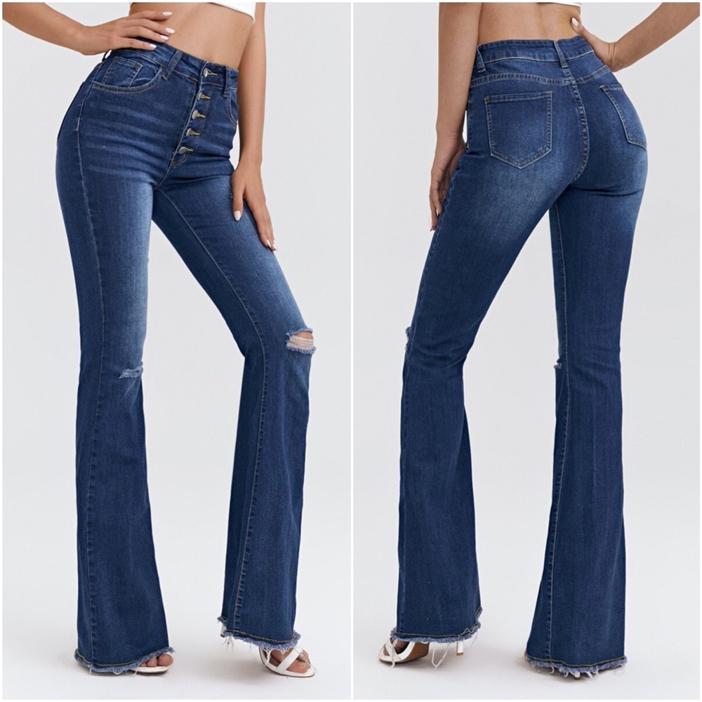 high waist distressed bell bottom denim jeans - Picture 2 of 4